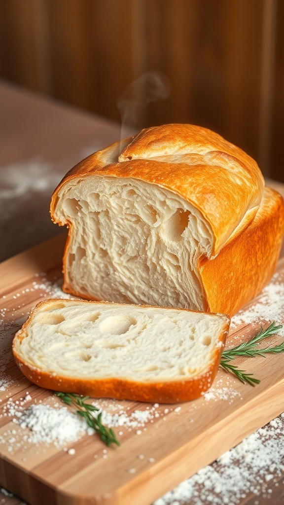 A golden-brown artisan bread loaf on a wooden board, sliced to show its soft interior.
